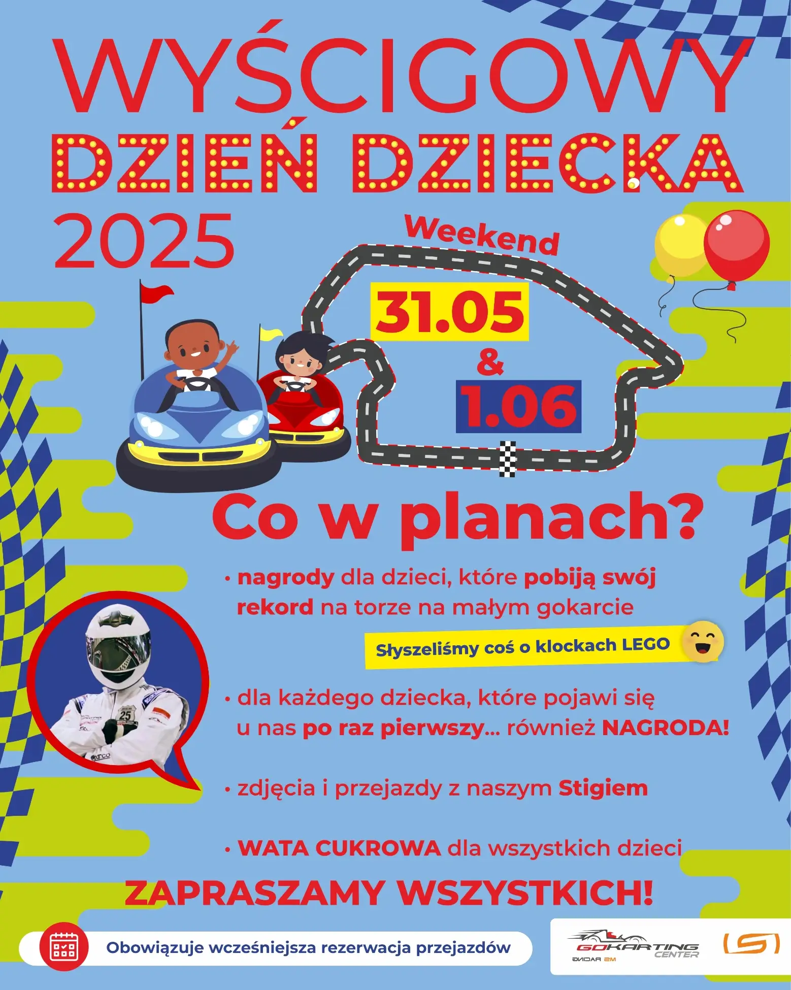 plakat z informacjami na temat trwającej promocji z okazji Dnia Dziecka w Gokarting Center